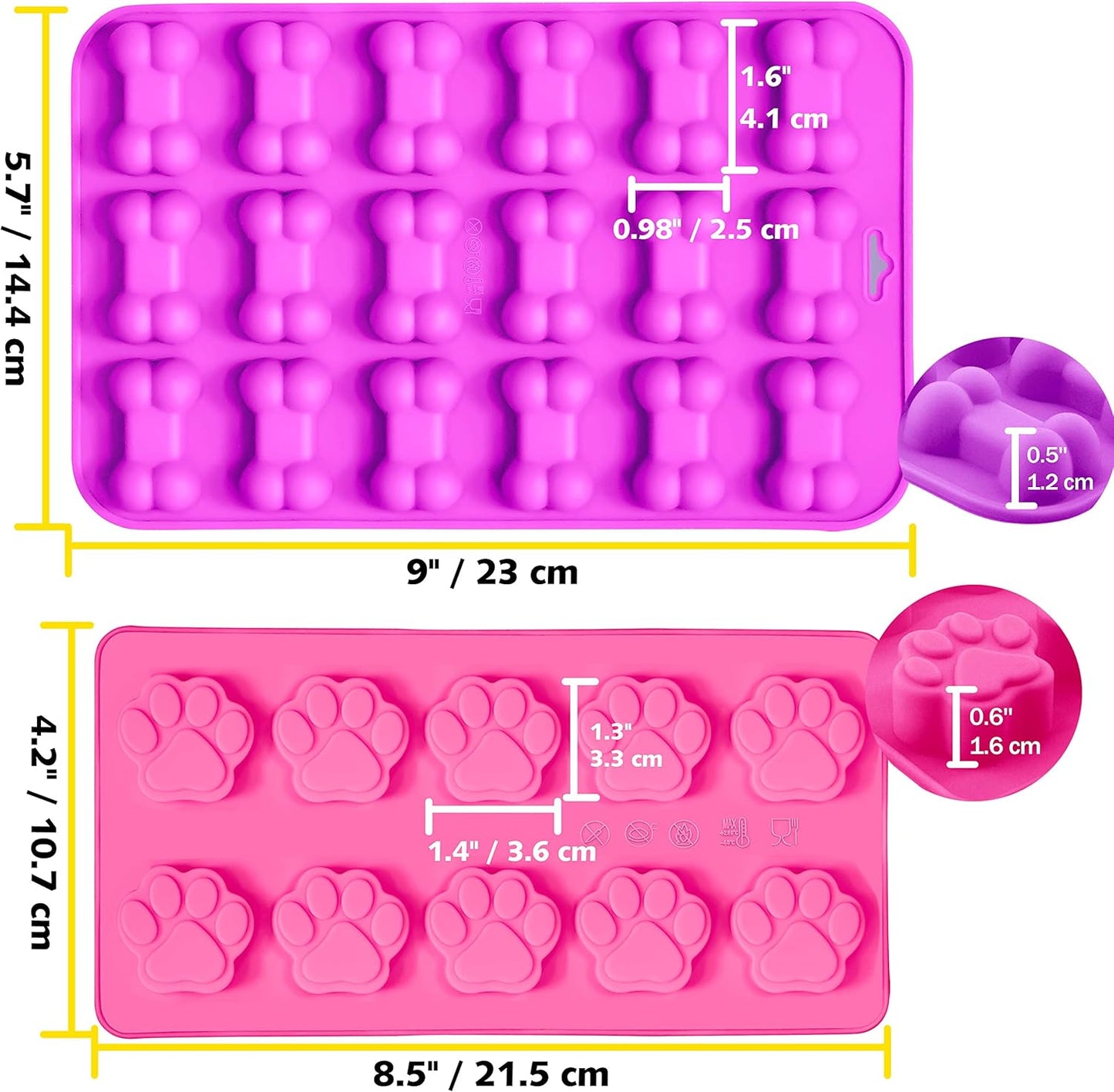 Reusable Silicone Molds with Puppy Dog Paw and Bone Shaped, Flexible & Non-Stick Ice Cube Tray, Candy and Chocolate Making Mold for Homemade Baking Dog Treats, Jelly, Biscuit & Cupcake (2 Pack)