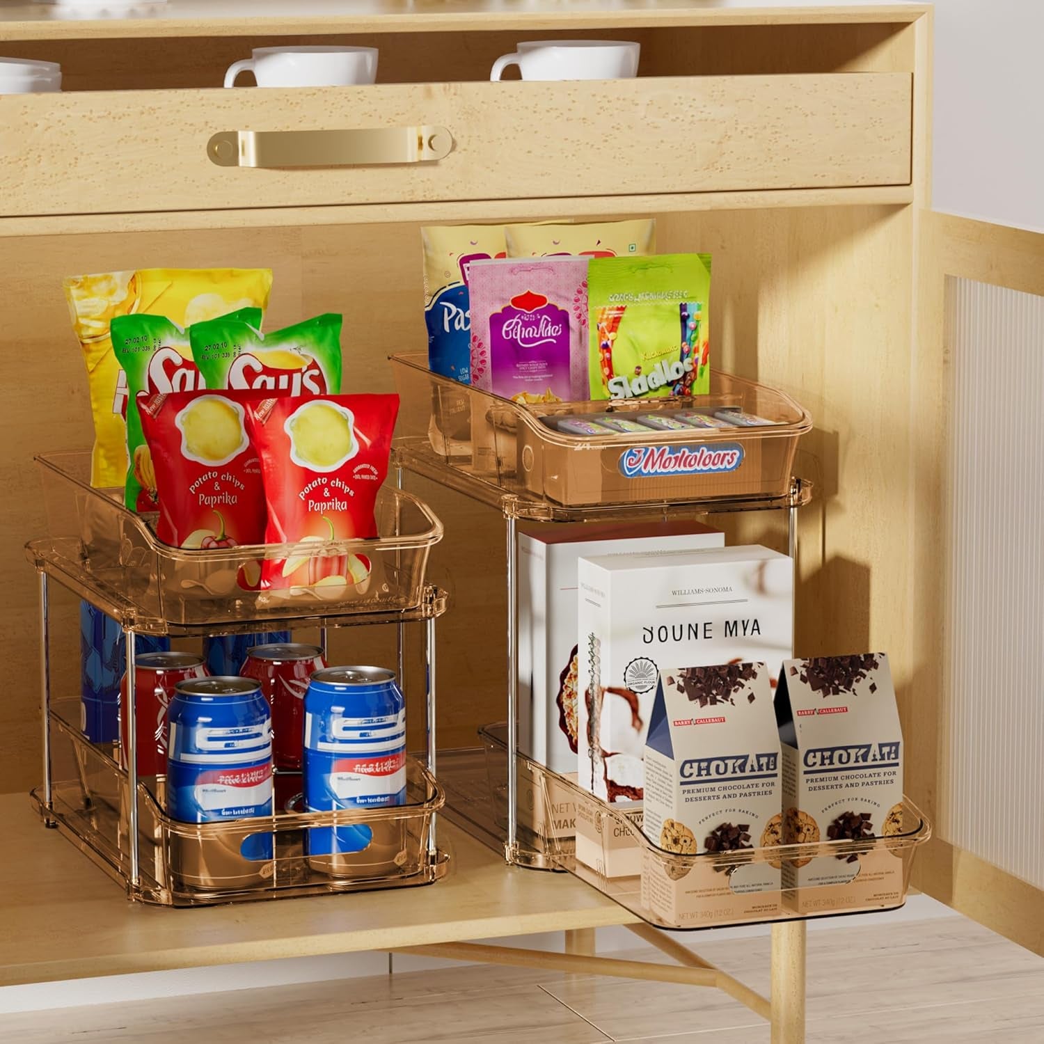 2 Sets of 2-Tier Clear under Sink Organizers and Storage, Multi-Purpose Stackable Bathroom Cabinet Organizers, Amber