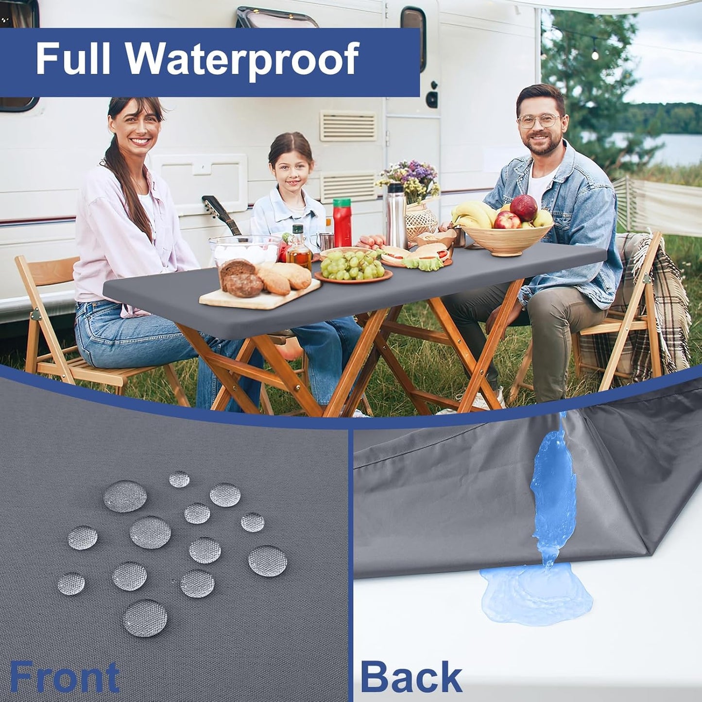 2 Pack 6 Foot Rectangle Elastic Fitted Tablecloth, Waterproof Fabric Table Cover, Washable Polyester Table Cloth for Picnic, Camping, Outdoor (Grey, 30" X 72")