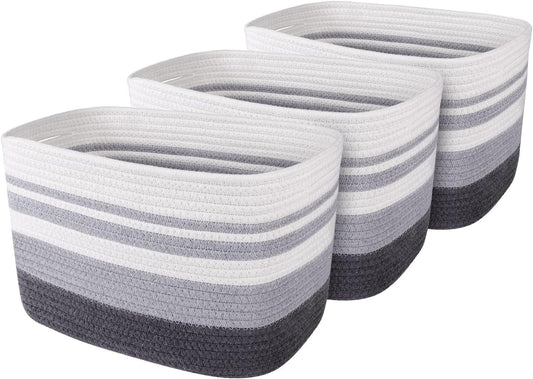 Storage Basket 3 Pack, Laundry, Blanket, Cotton Rope and Woven Baskets for Organizing, Toy Storage for Living Room, Laundry Room, Bedroom, Nursery, Grey