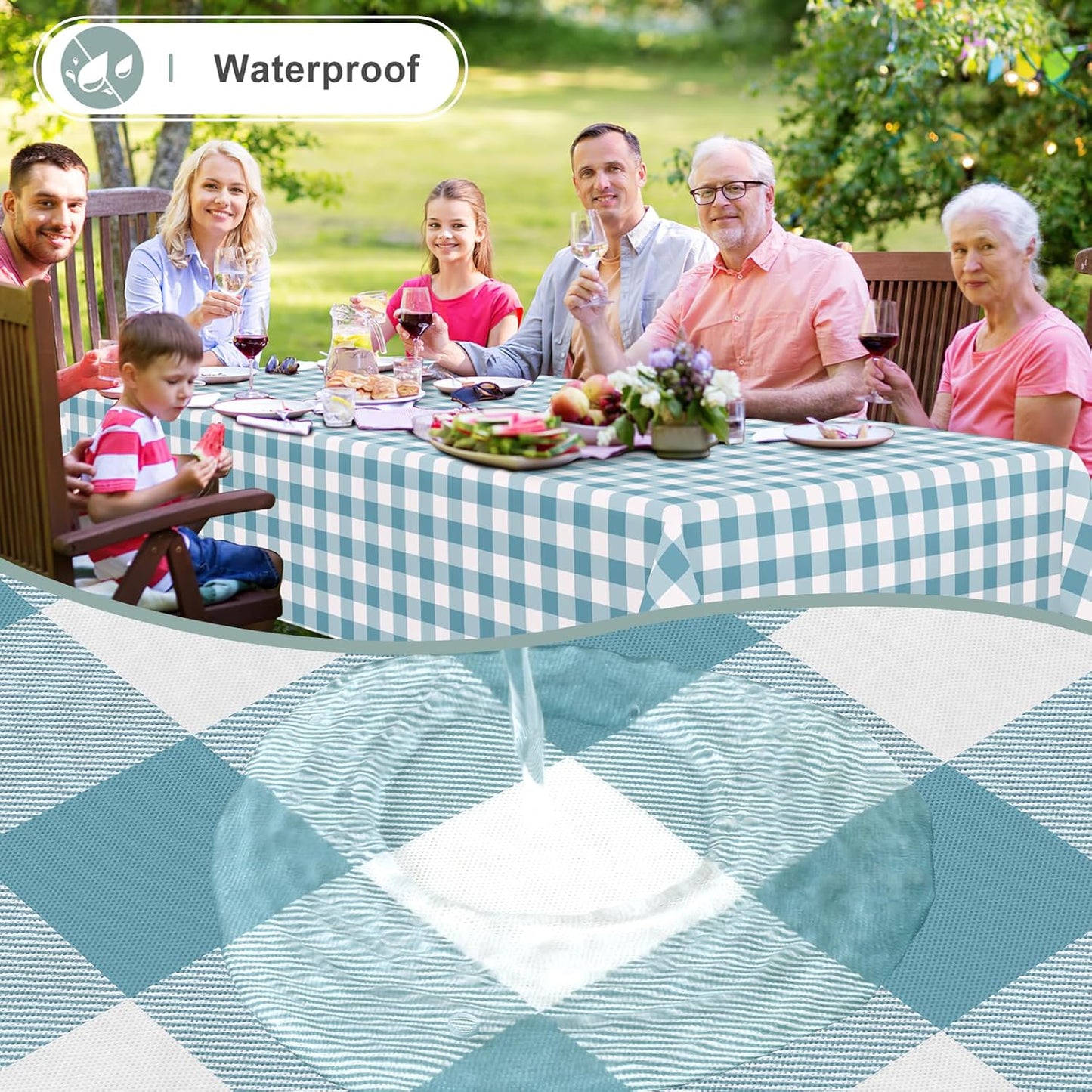 Rectangle Waterproof Vinyl Table Cloth, Buffalo Flannel Backed Tablecloth, Wipeable Plastic Table Cover for Dinner, Kitchen, Outdoor (60" X 84", Aquamarine and White)