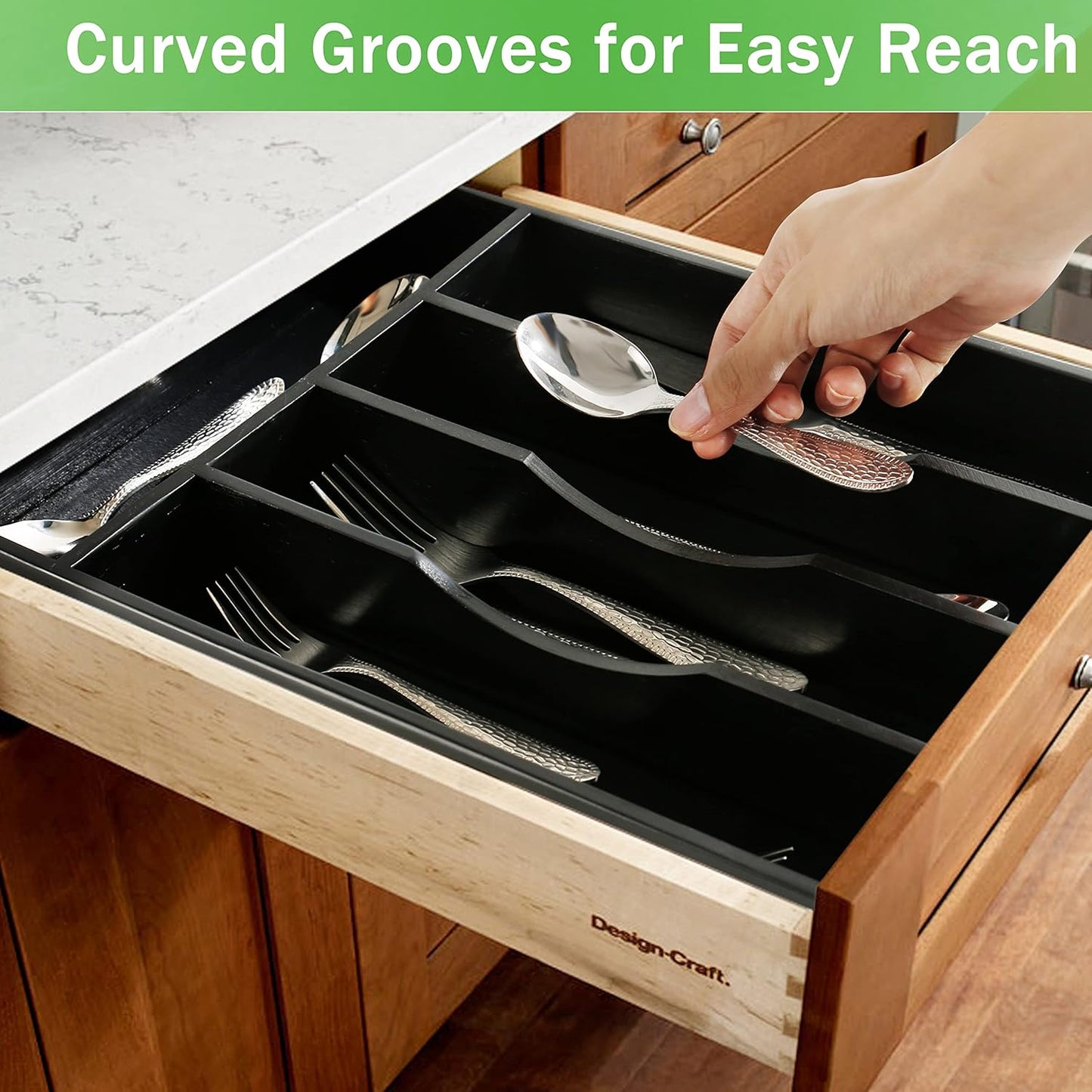 Black Silverware Organizer 10 in Utensil Organizer Silverware Tray for Drawer Cutlery Flatware Organizer for Kitchen Bamboo Wood