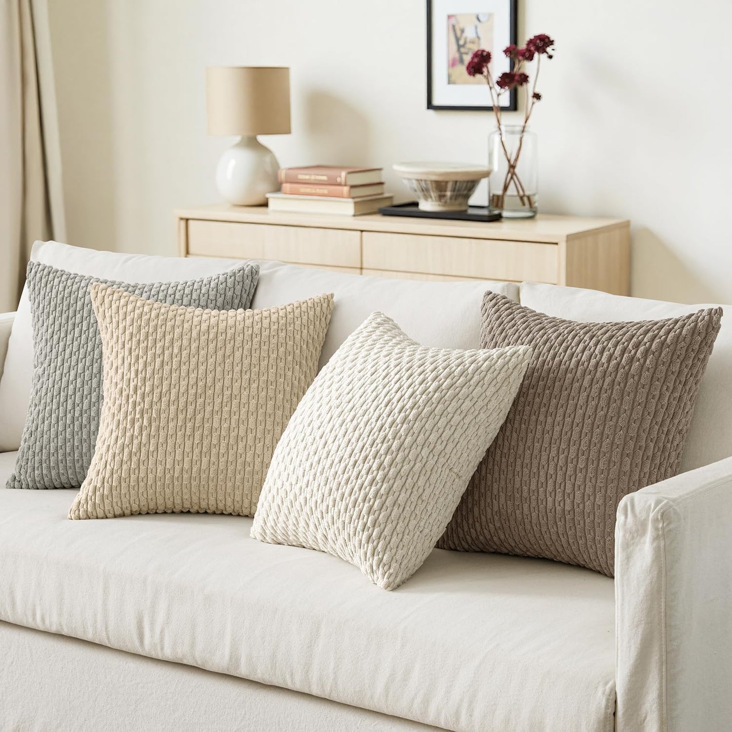 Throw Pillow Covers Soft Couch Decorative Set of 4 Boho Striped Cushion Corduroy Pillowcases Farmhouse Rustic Mid Modern Home Decor for Couch Bed Sofa Living Room 18X18 Inch Neutral Harmony