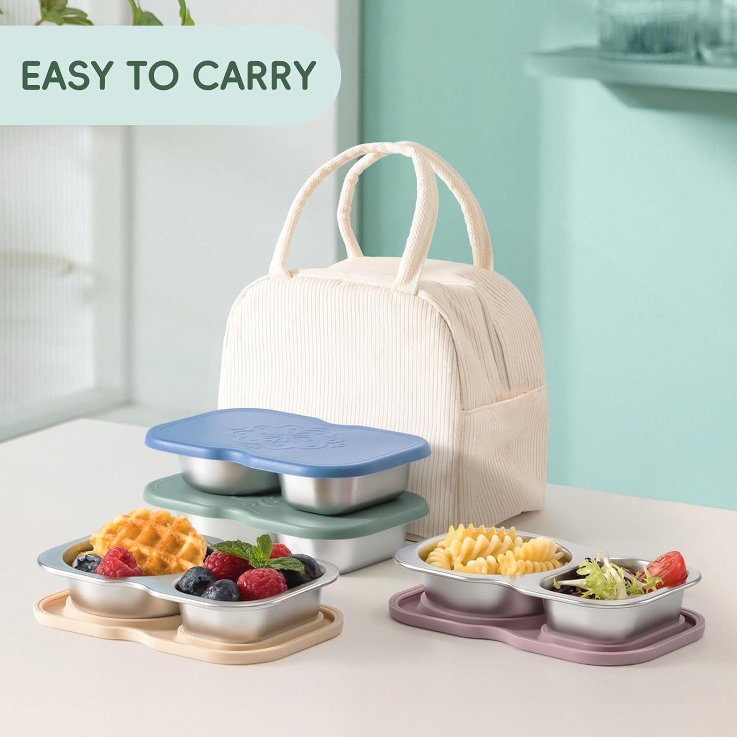 2 Pack Stainless Steel 2-Compartment Small Snack Containers with Lids, Reusable Snack Pack Containers, Lunch Box Accessories,Double Compartment Salad Dressing Containers to Go, 5.3Oz