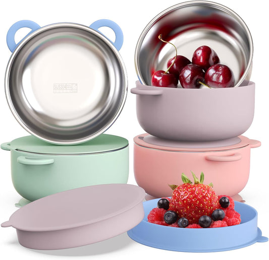 Baby Suction Bowls with Lids 4-Pack, 2-In-1 Stainless Steel 304 Toddler Bowl & Removable Silicone Suction Kids Bowl Plate Set Non Toxic Snack Dishes for Self-Feeding, Unicorn Magic Set