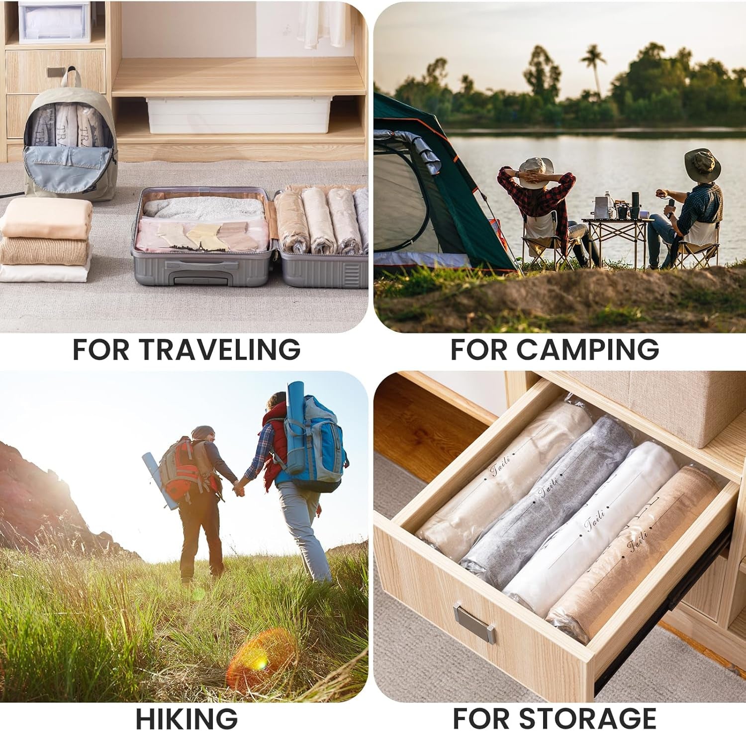 12 Pack Travel Compression Bags, Roll up Space Saver Bags (6 Large+6 Medium), No Vacuum Needed Reusable Packing for Luggage, Suitcase, Backpack, Travel Essentials, Clear