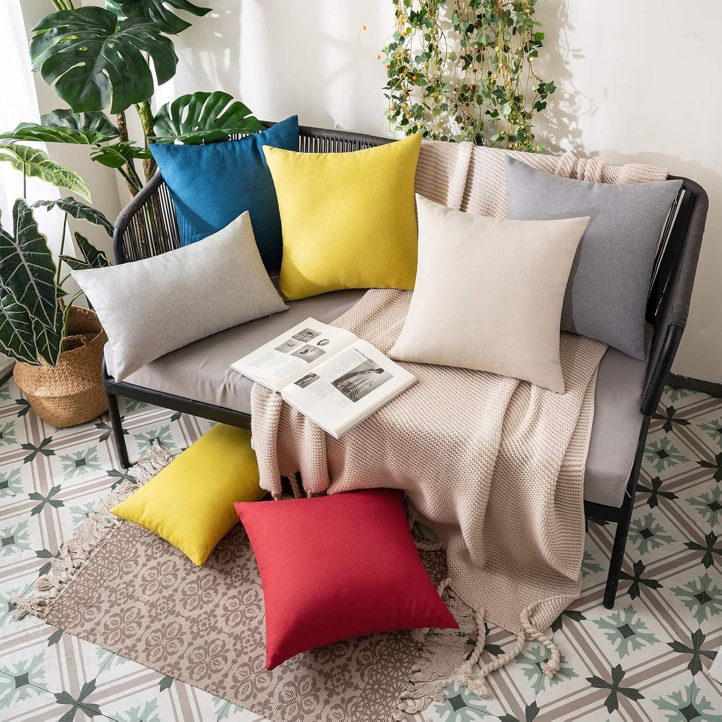Pack of 2 Decorative Outdoor Solid Waterproof Throw Pillow Covers Faux Linen Garden Farmhouse Cushion Cases for Patio Tent Balcony Couch Sofa 18X18 Inch Beige