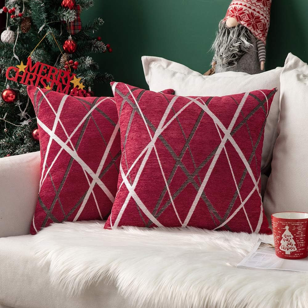 Pack of 2 Decorative Throw Pillow Covers Christmas Woven Textured Chenille Cozy Modern Concise Soft Red Square Cushion Shams for Bedroom Sofa Car 18 X 18 Inch