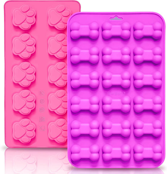 Reusable Silicone Molds with Puppy Dog Paw and Bone Shaped, Flexible & Non-Stick Ice Cube Tray, Candy and Chocolate Making Mold for Homemade Baking Dog Treats, Jelly, Biscuit & Cupcake (2 Pack)