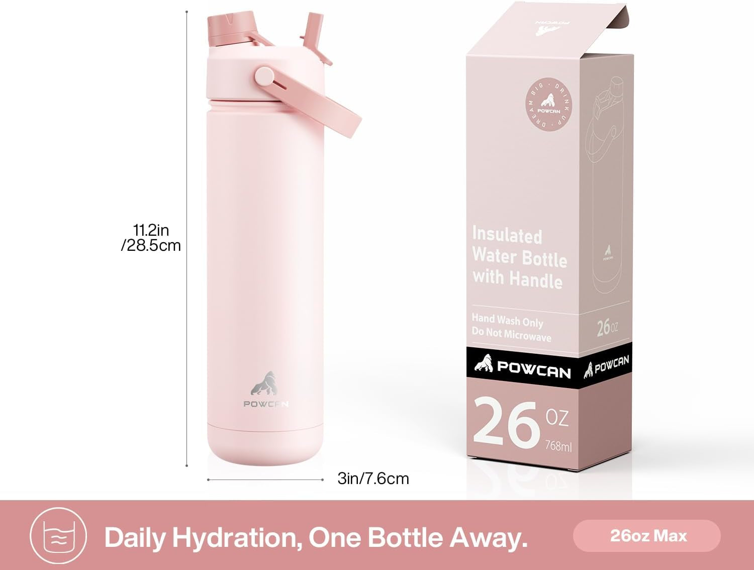 26 Oz Insulated Water Bottle with 2-In-1 Straw and Spout Lid, Keep Cold 24H, Leak-Proof, Fits in Car Cup Holder, Stainless Steel Water Bottle for Sports, Travel, and School (Cotton Candy)