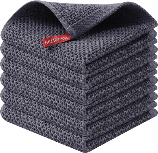 100% Cotton Kitchen Dish Cloths, 6 Pack Waffle Weave Ultra Soft Absorbent Dish Towels for Drying Dishes Quick Drying Kitchen Towels Dish Rags, 12 X 12 Inches, Dark Grey