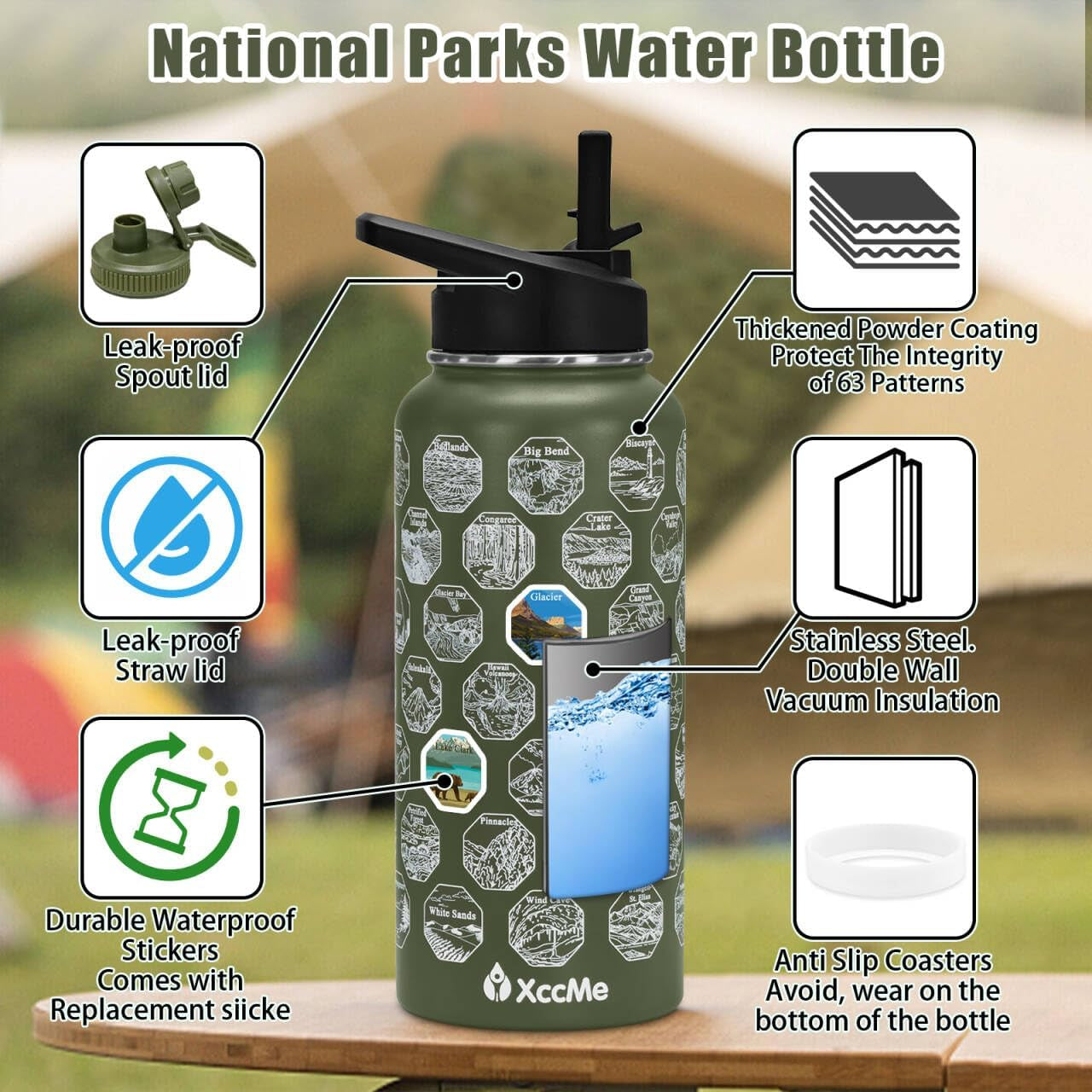 63 National Parks Water Bottle with Stickers,32 Oz Stainless Steel Insulated Water Bottle with Straw,2 Lids,Leak Proof Metal Water Cup for Hiking,Travel,Sports,Camping,Wide Mouth Bottle