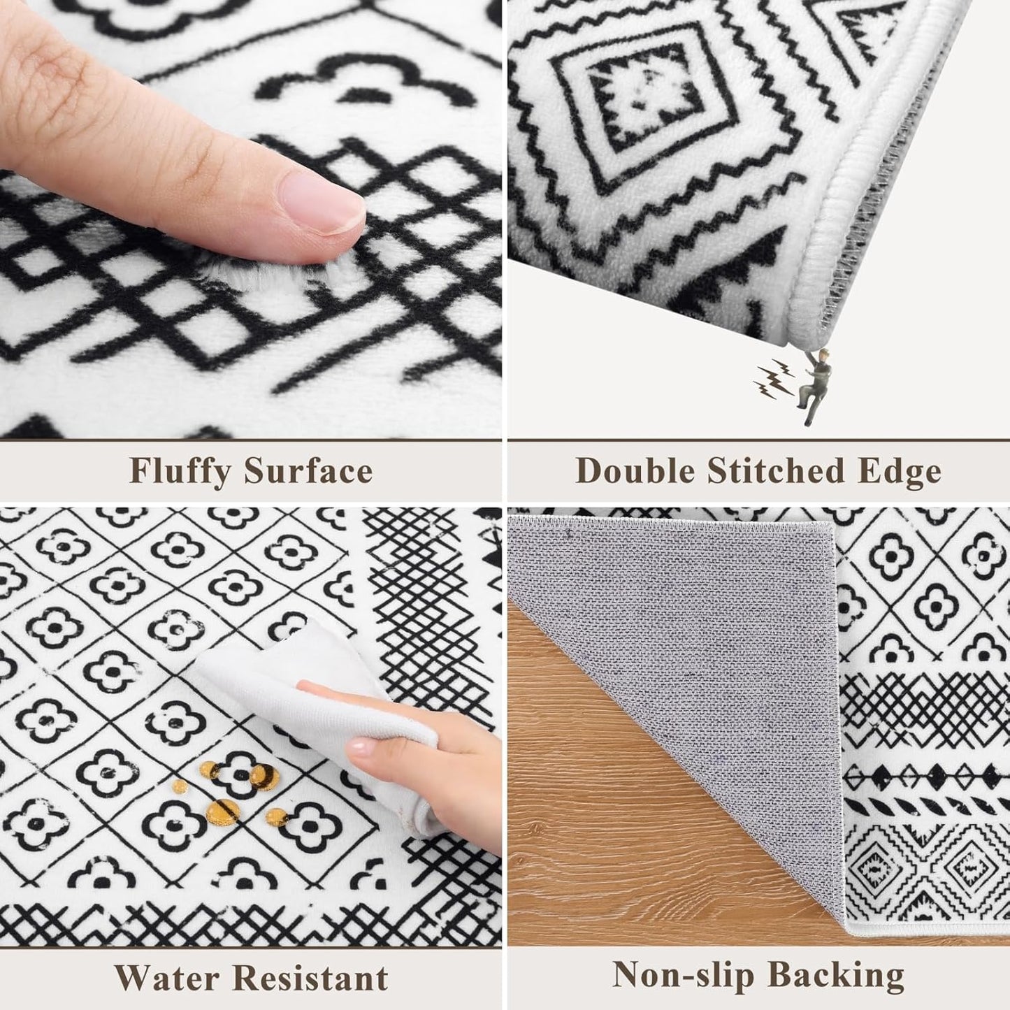 2X3 Washable Rug Non Slip, Soft Low Pile Front Door Mat Indoor Entrance, Black and White Area Rug Moroccan Indoor Door Mats for Entryway Bedroom Kitchen