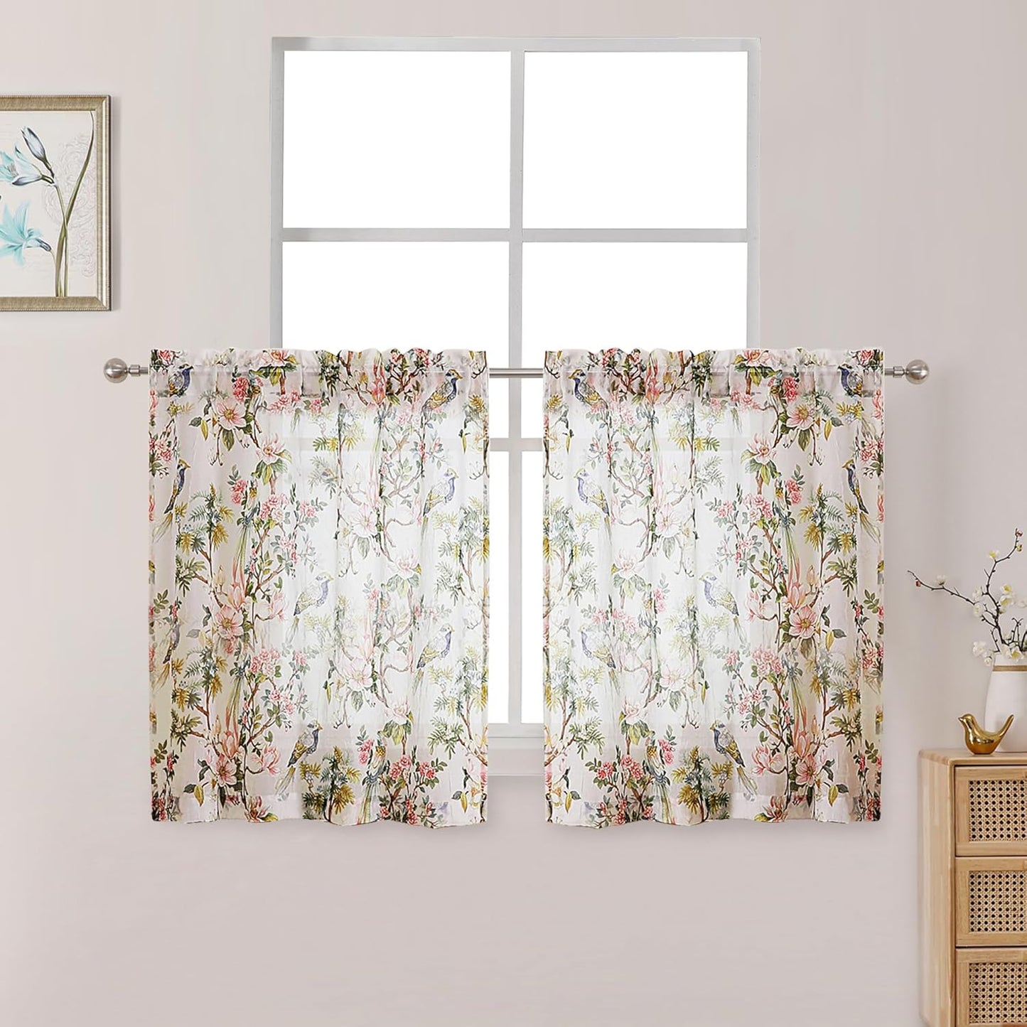 Crushed Sheer Curtains Tiers 36 Inch Length 2 Panels, Printed Design Small Half Curtains Kitchen Tiers Bathroom Cafe Bedroom Living Room, Light Filtering Curtain, Each 42"X36"