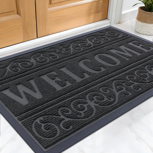 Welcome Door Mat Indoor Outdoor Entrance, Heavy Duty Sturdy Front Door Mat, Waterproof All-Weather Doormat, Stain Resistant, Low Profile, Easy Clean Patio Entryway Mat, 29.5 X 17, Black