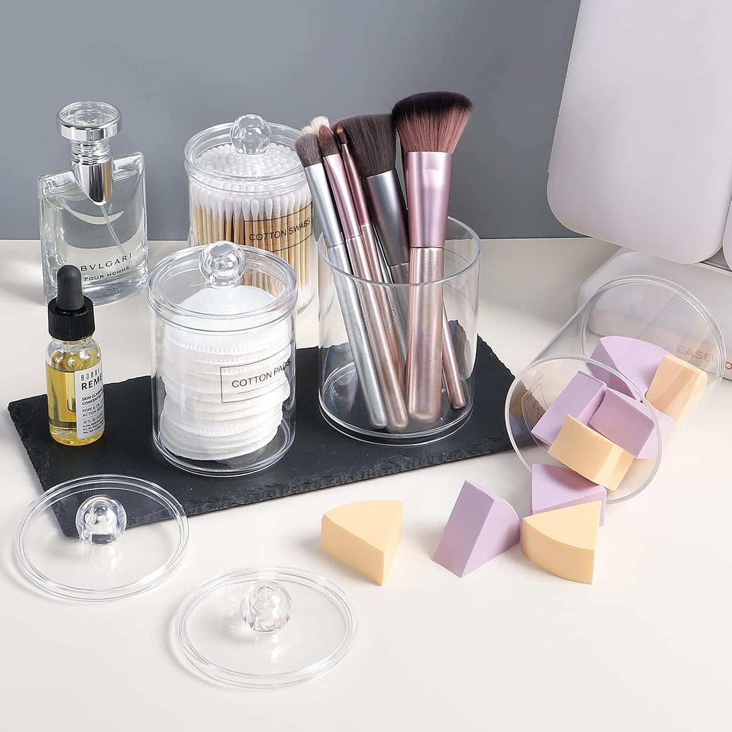 Qtip Holder Dispenser - 4 Pack 10Oz, 12Oz Clear Plastic Apothecary Jars Set - Restroom Bathroom Makeup Organizers Containers for Cotton Ball/Swab/Round Pads, Floss, Hair Ties, Bath Salt