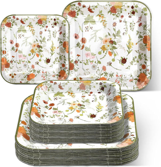 100-Piece Floral Disposable Paper Plate Set - 9'' Dinner Plates and 7'' Square Dessert Plates for Weddings, Birthdays, Baby Showers, and Parties (Green, Pastel Wildflower)