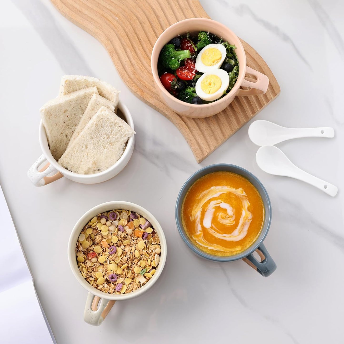 Ceramic Soup Mugs Set of 4 with Handles and Lids, 24 OZ Capacity, Terracotta Underside, Includes Spoons for Soup, Cereal, Salad, Noodles, and Ramen, Microwave and Dishwasher Safe - Colorful Design