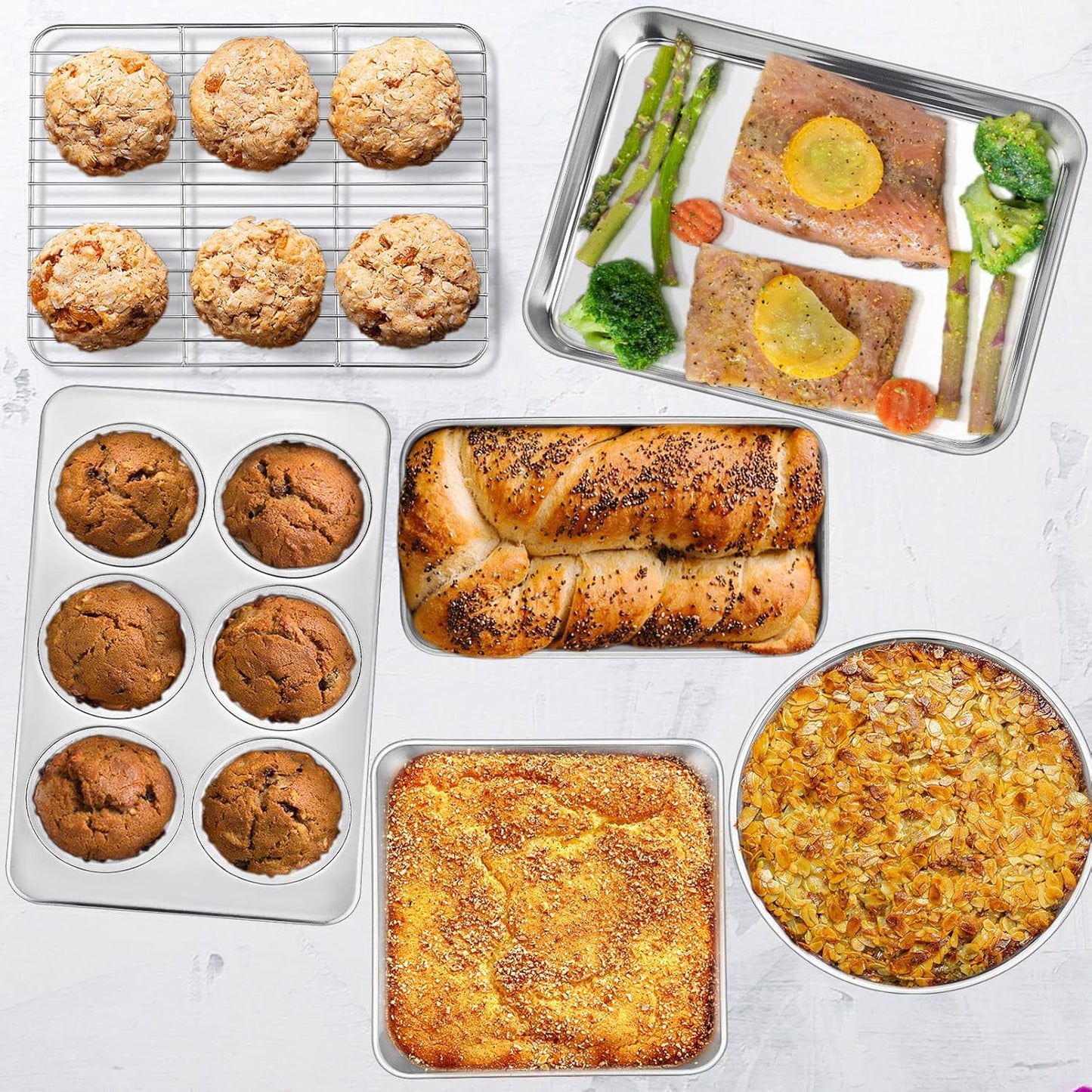 6-Piece Small Toaster Oven Pan Set, Stainless Steel Bakeware Set, Toaster Oven Tray with Rack, Square/Round Cake Pan, Loaf Pan & Muffin Pan, Non Toxic & Easy Clean