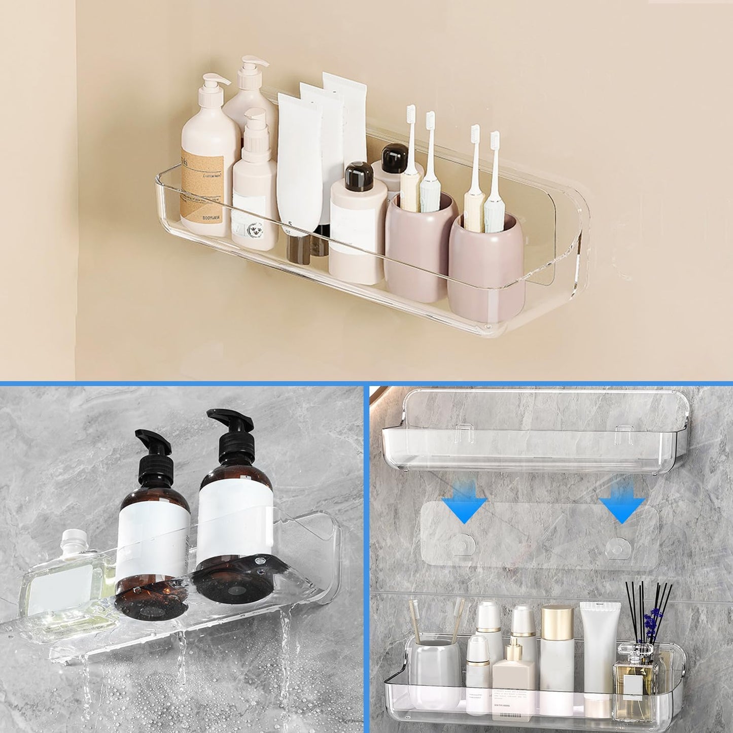 2Pc Acrylic Wall Mount Organizer, Adhesive Shelf, Bathroom Shelves for Wall, Self Adhesive Organizer, Shower Caddies, No Drilling Hang Wall,With 3Pack Tapes, for Bathroom, Kitchen, Living Room