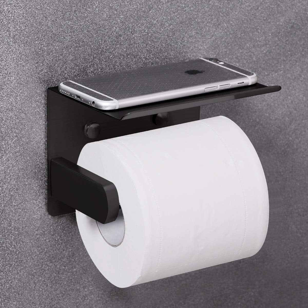 Self Adhesive Toilet Paper Holder with Phone Shelf Stainless Steel Wall Mounted Toilet Paper Roll Holder - Rustproof and Bathroom Washroom Tissue Roll Holder with Shelf - Black