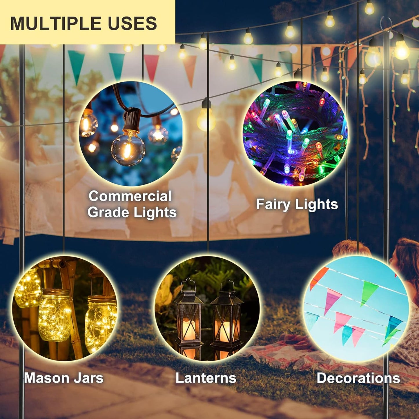 2-Pack Heavy-Duty 10-Foot Adjustable Outdoor Metal String Light Poles for LED Lighting - Ideal for Gardens, Backyards, Weddings, and Parties