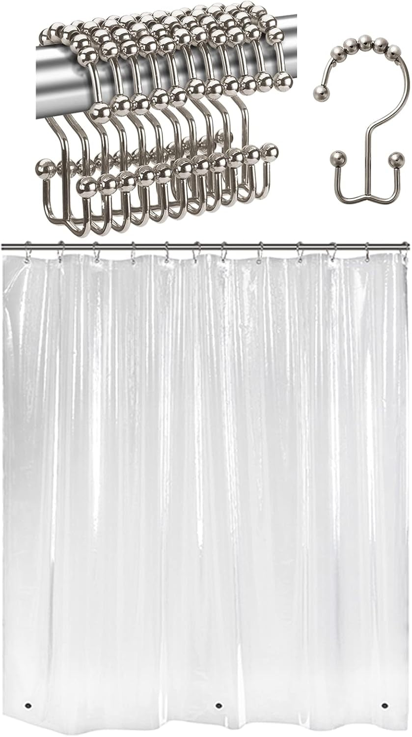 12 Pcs Shower Curtain Hooks with 72X72 Clear Shower Curtain Liner