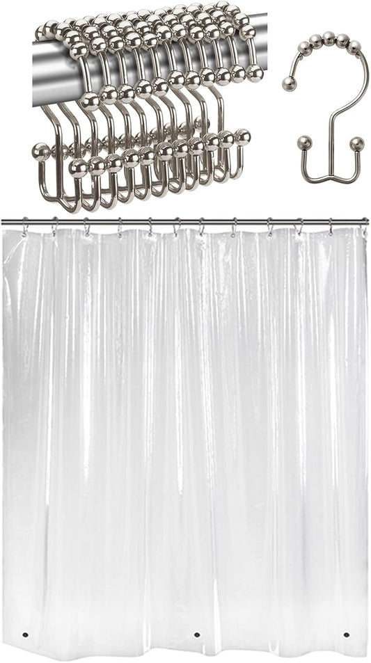 12 Pcs Shower Curtain Hooks with 72X72 Clear Shower Curtain Liner