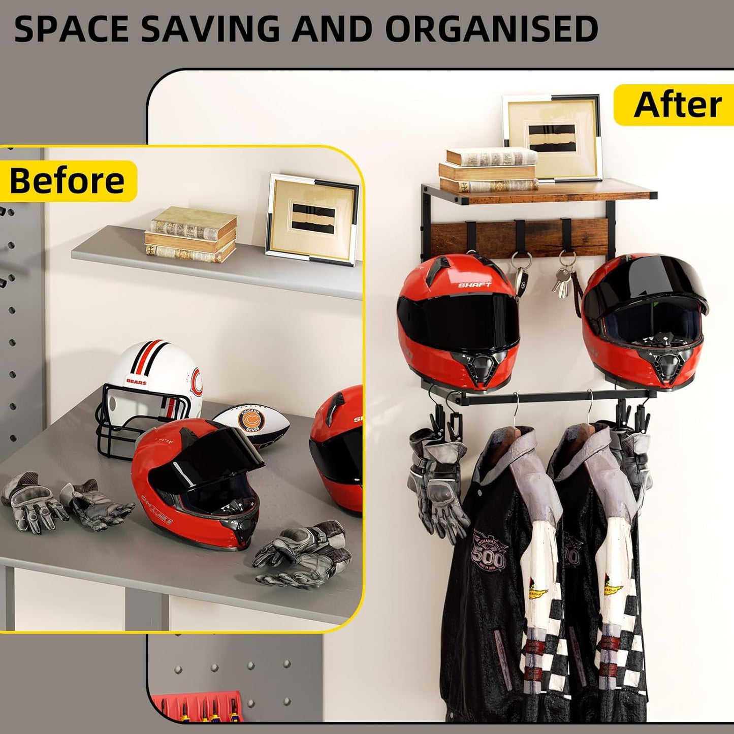 Motorcycle Helmet Holder Wall Mount, Helmet Rack with 2 Hat Stands, Helmet Stand for Display Wall Mount, Motorcycle Accessories Gear Storage for Men, Small