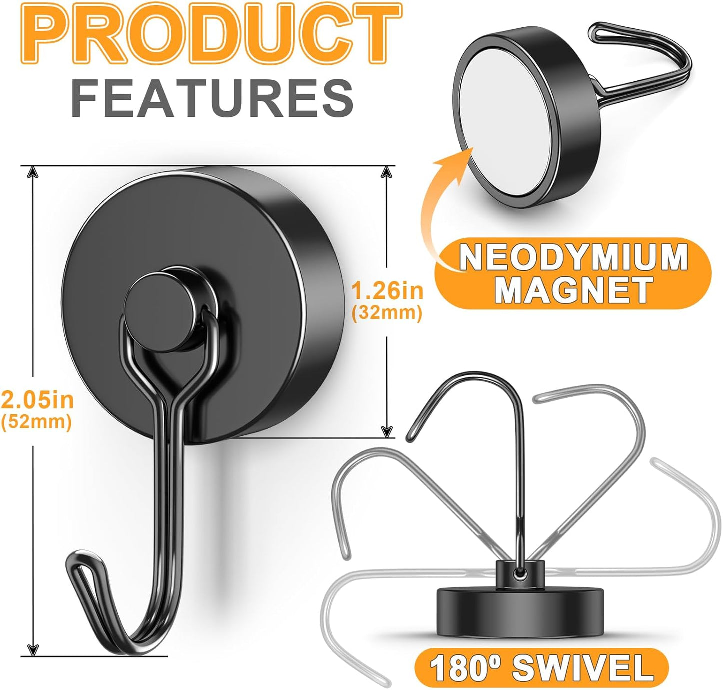 Heavy-Duty 4-Pack 110LBS Magnetic Hooks - Essential Cruise Cabin Accessories, Versatile Swivel Hooks for Kitchen, Garage, Classroom, and Grill