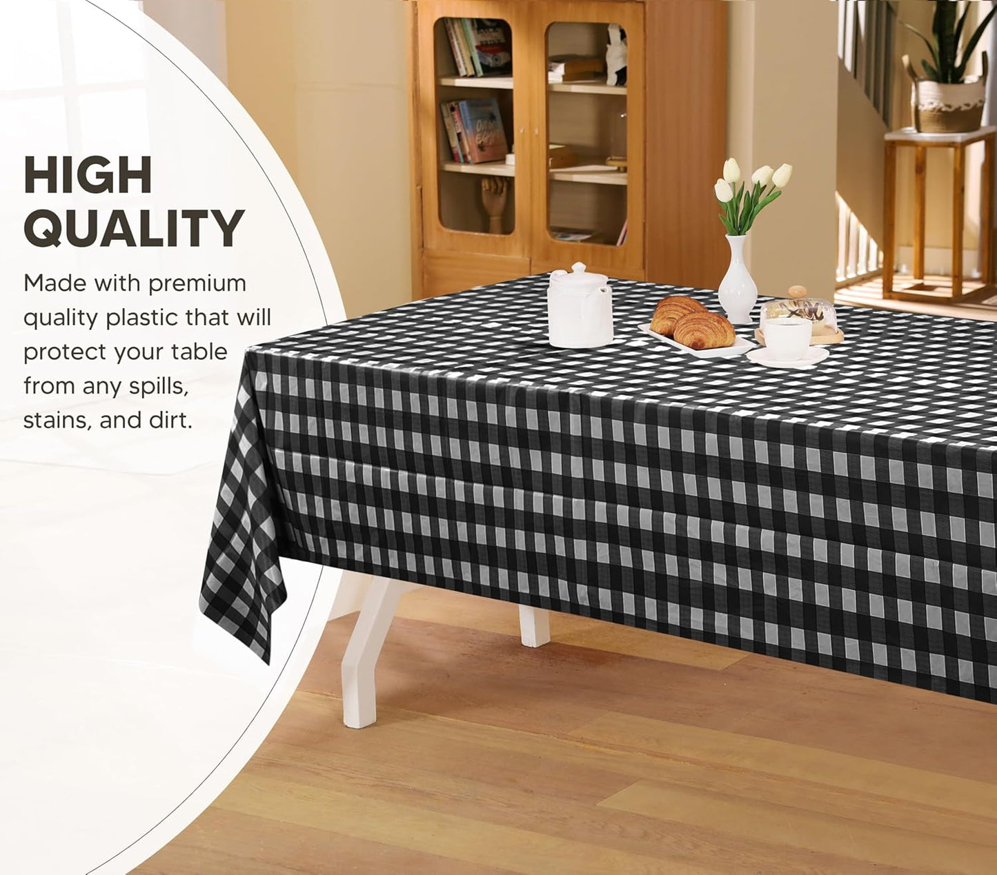 Plastic Table Cloth Disposable (12 Pack - 54X108 Inch) Black Check Rectangle Tablecloth Waterproof Stain Resistant Party Table Cover