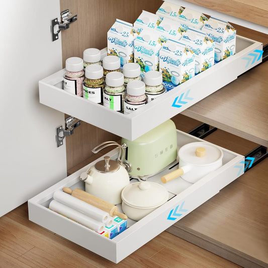 1 Pack Pull Out Cabinet Organizer, 21.8" Deep Slide Out Drawer for Cabinets, Heavy Duty Pull Out Shelves for Kitchen, Cupboard, Pantry, Bathroom-White