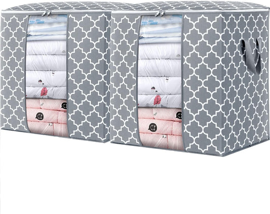 Storage Bags 2 Pack/100L Large Blanket Clothes Organization and Storage Containers for Comforters,Bedding, Foldable Organizer with Reinforced Handle, Clear Window, Sturdy Zippers,Light Gray