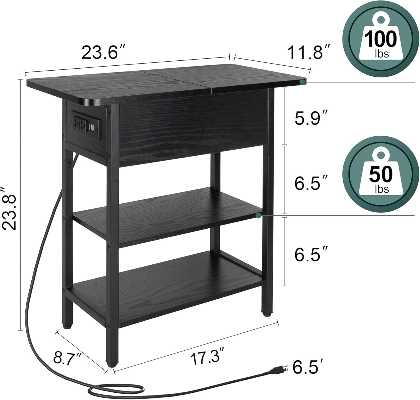End Table with Charging Station, Flip Top Side Table with USB Ports and Outlets, Sofa Couch Table Bedside Table for Living Room Bedroom, Narrow Nightstand with Storage Shelves for Small Space