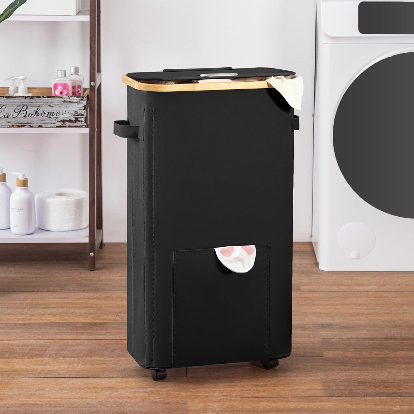 Laundry Basket with Wheels, Tall Dirty Clothes Hamper on Wheels, Rolling Laundry Hamper with Lid for Dorm, Bedroom and Bathroom (Black, 65L)