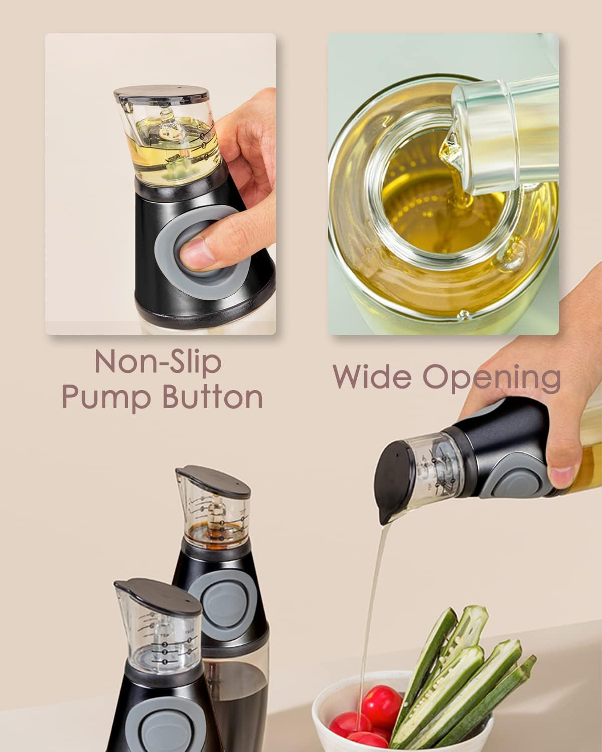 Oil Dispenser Bottle, 17Oz Olive Oil Dispenser Oil Sprayer, Clear Glass Refillable Oil and Vinegar Dispenser Bottle with Measuring Scale Pump for Kitchen, Cooking, Salads, Baking Frying