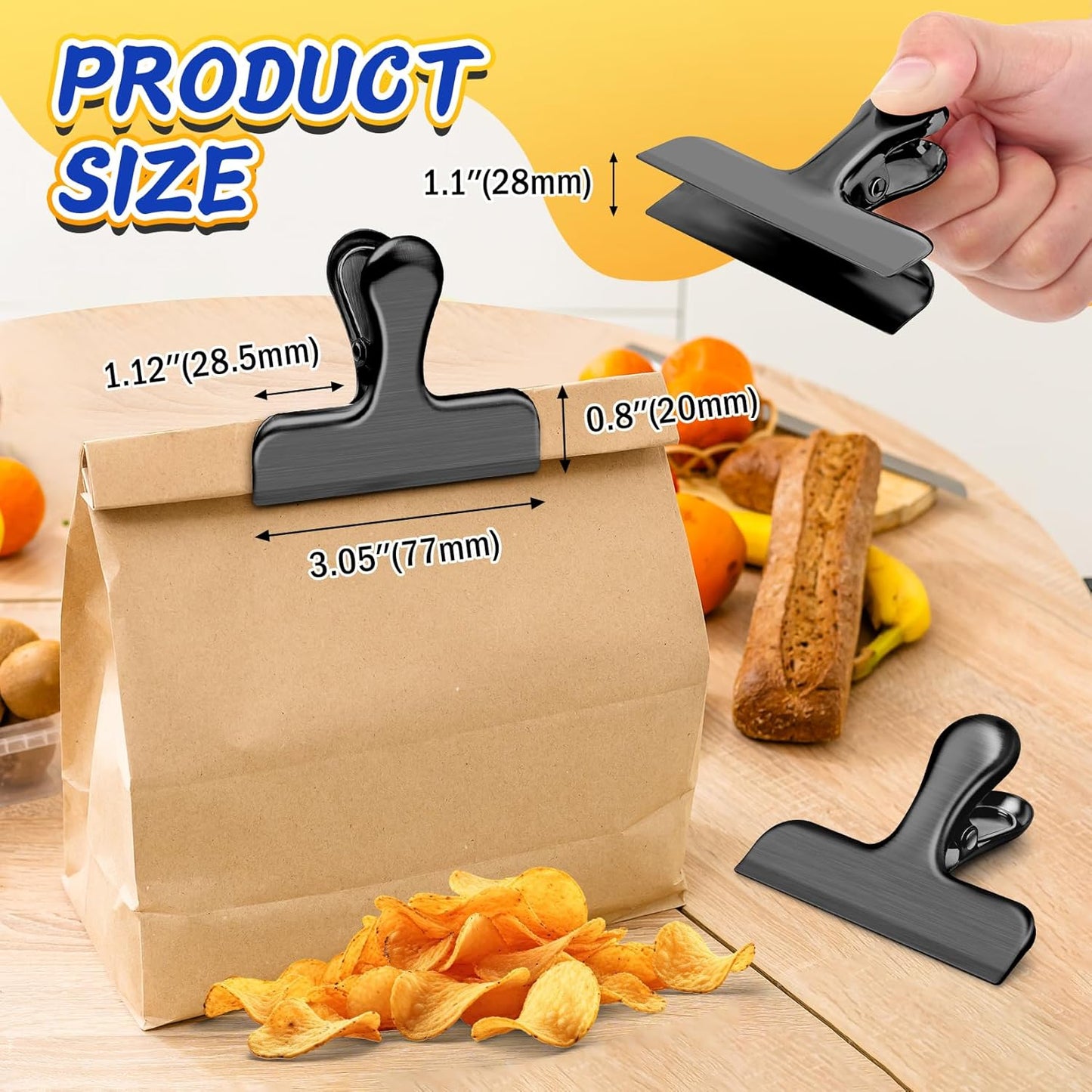 12-Pack Heavy-Duty Stainless Steel Bag Clips for Food Storage, 3-Inch Air-Tight Seal Clips for Kitchen and Office Use, Black