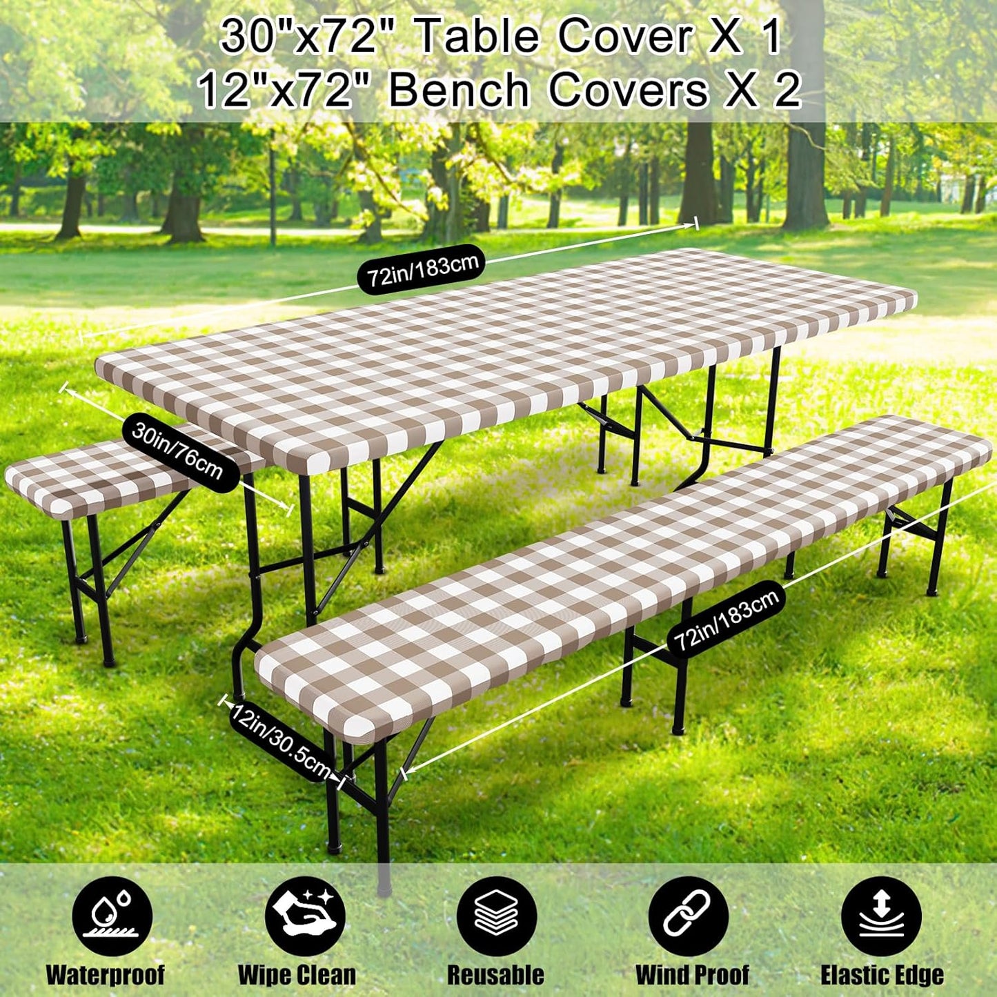 Waterproof Elastic Fitted Picnic Table and Bench Covers, Washable Buffalo Plaid Tablecloth for 6-Foot Rectangle Tables, Outdoor Use (Khaki & White, 30" x 72")