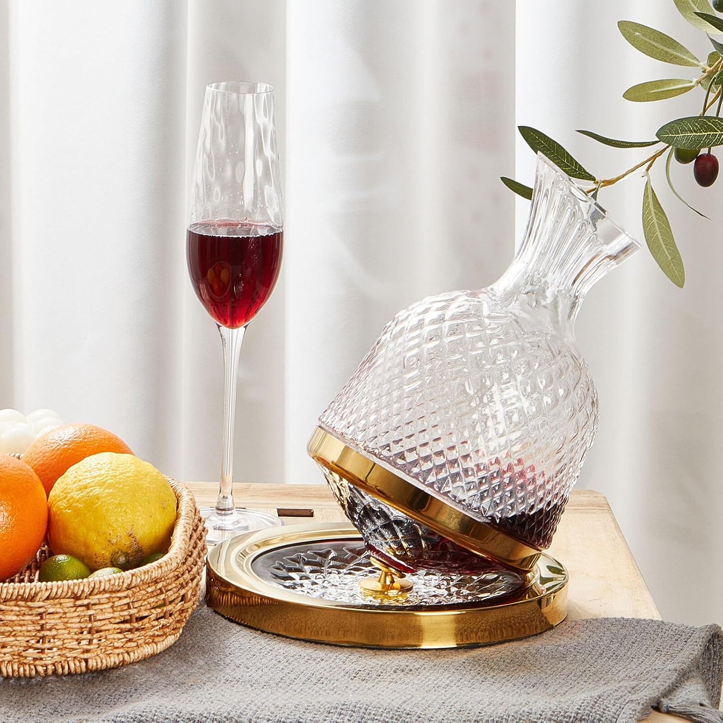 Red Wine Decanter, Spinning Wine Aerator, Thickened Crystal Glass Golden Base, 360 Rotation, Rapid Wine Aeration, 50Oz/1500Ml, Wine Lover