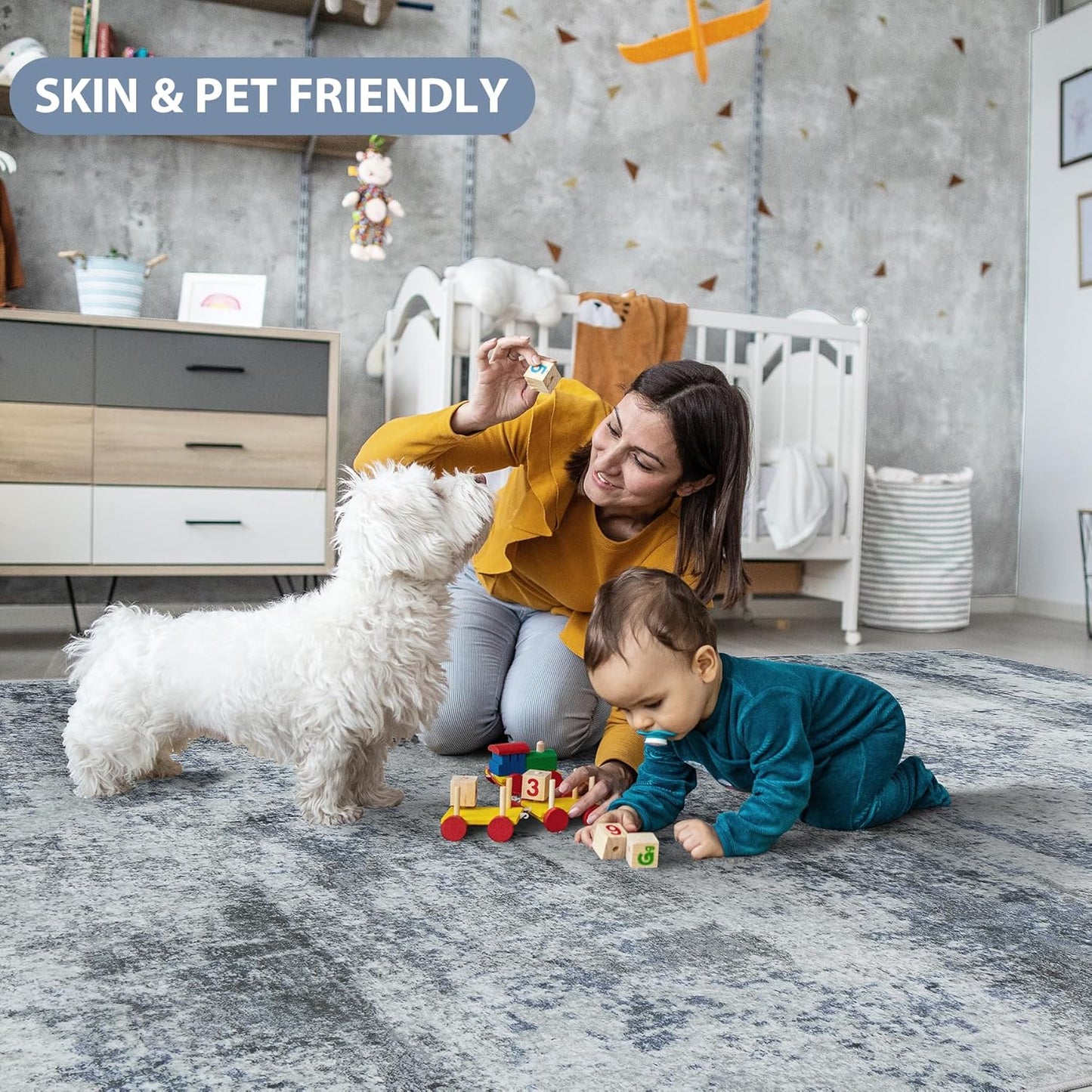 8X10 Area Rugs for Living Room Rug Washable: Abstract Large Rug for Dining Room Bedroom Carpet Non Slip 8 by 10 Indoor Modern Nursery Home Office Blue Grey