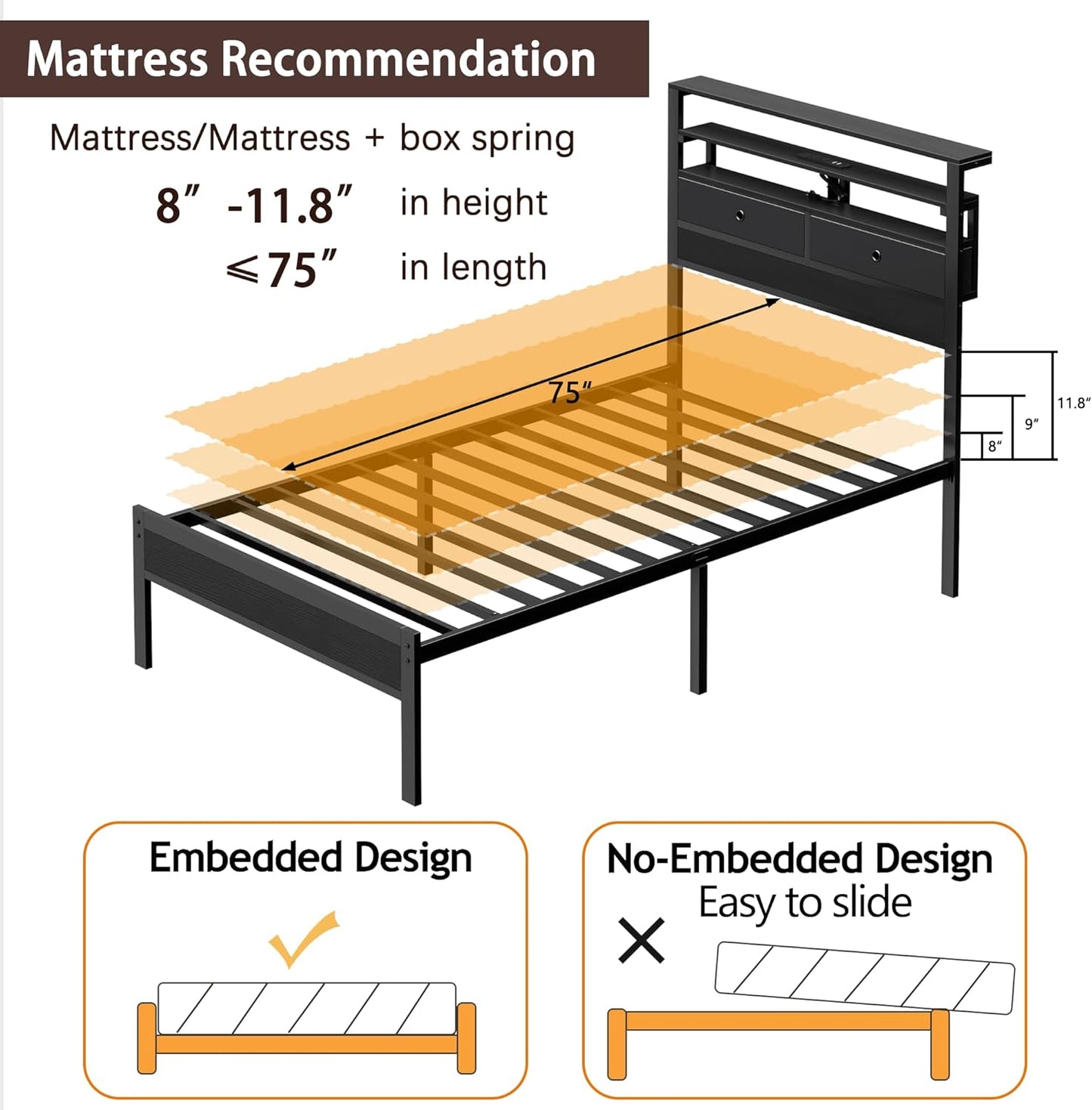 Twin Bed Frame with Integrated Charging Station and LED Lighting, Wooden Headboard Featuring Two Fabric Drawers and Storage Shelves, Twin Size Platform Design with Metal Slats, Box Spring Not Required, Black Oak Finish