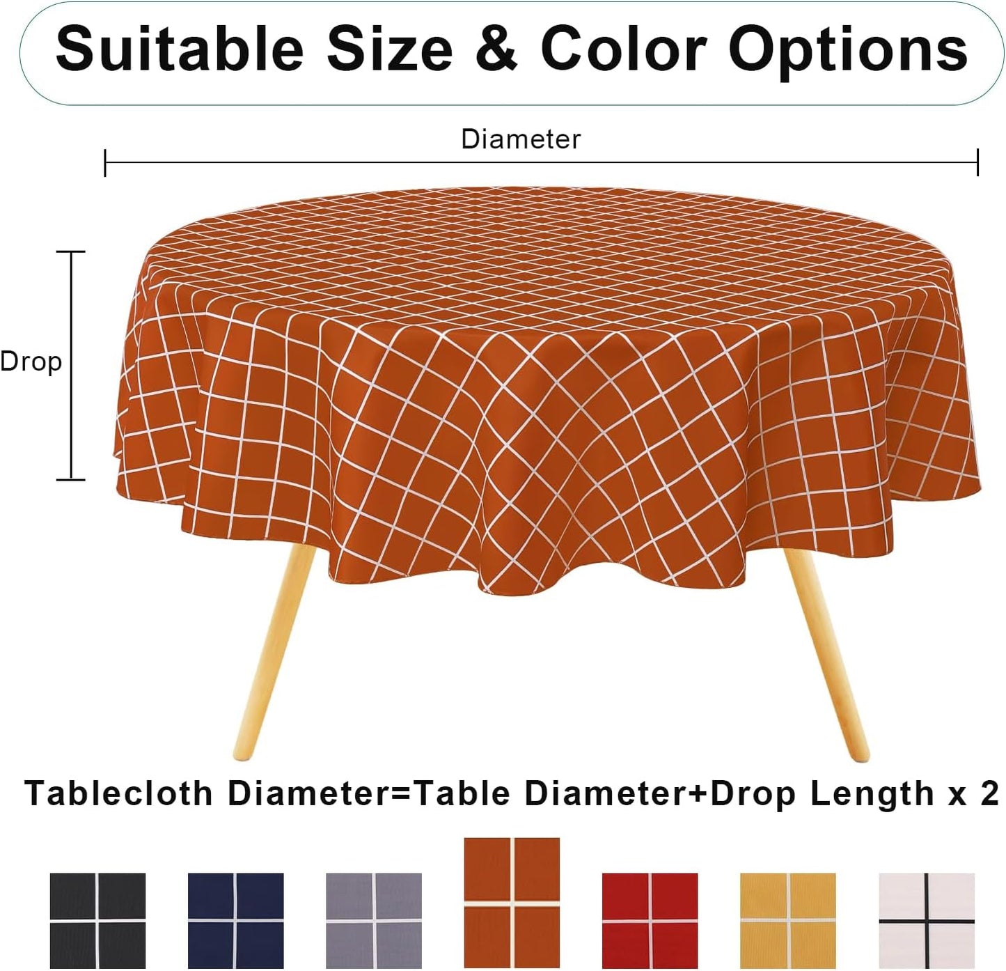 round Waterproof Fabric Table Cloth, Plaid Stain Resistant Polyester Tablecloth, Washable Cloth Table Cover for Fall Halloween Decor, Dining Room, Outdoor (60" Round, Rusty)
