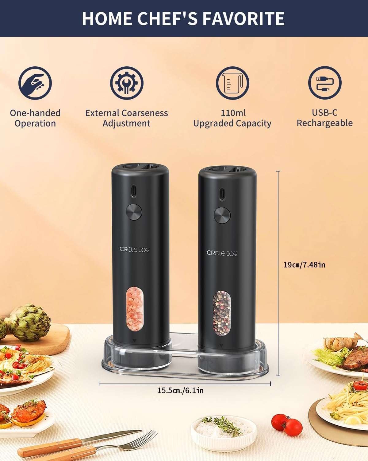 Rechargeable Electric Salt and Pepper Grinder Set with Base, Automatic Pepper Mills with 110Ml Container, External Adjustable Coarseness, White Led Light and One-Handed Operation, Black
