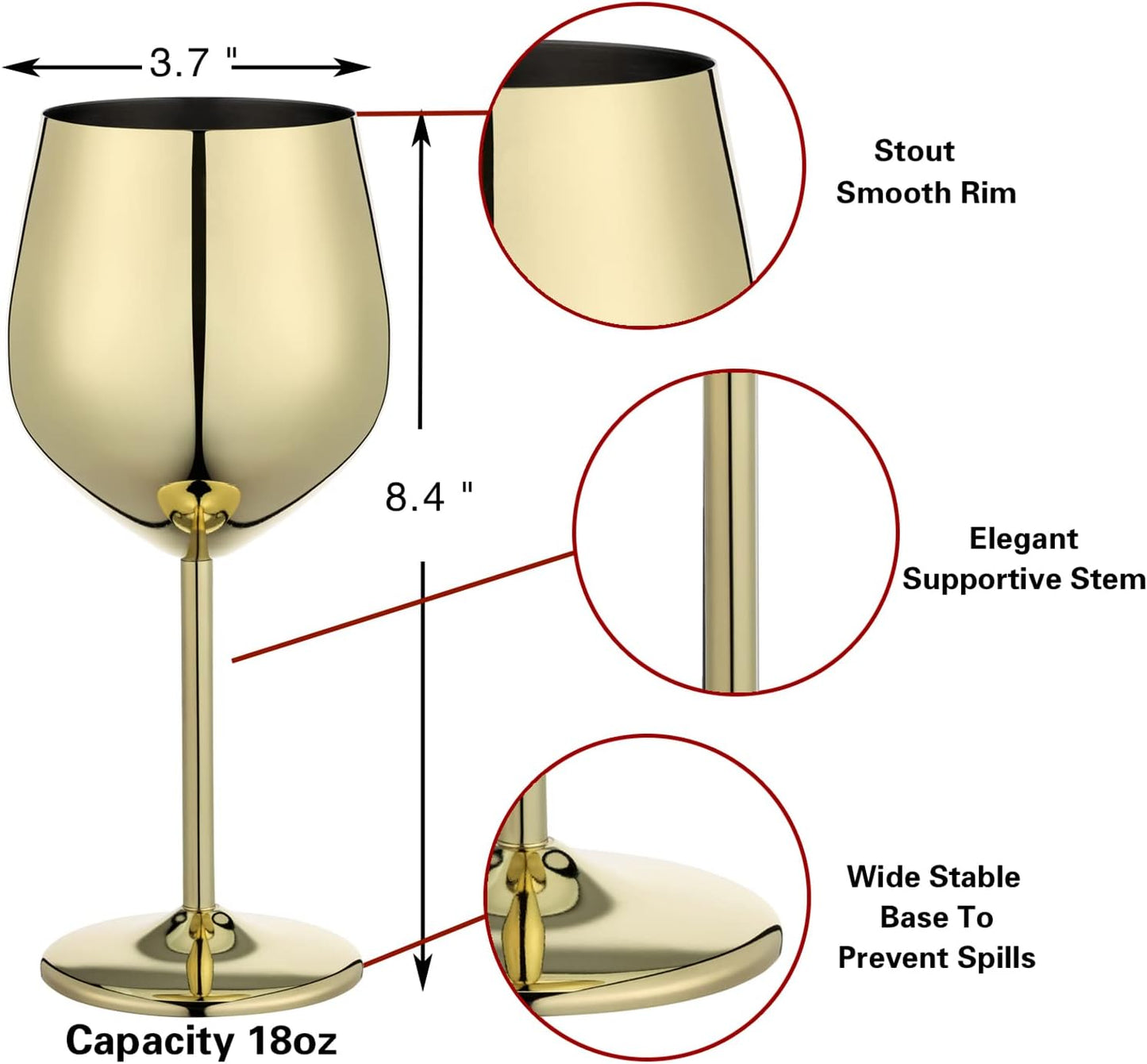 Gold Wine Glasses Set of 4, 18Oz Unbreakable Gold Goblet, Stainless Steel Wine Glass, Metal Wine Glass for Outdoor, Travel, Camping, Pool, Ideal Gift for Wine Lovers