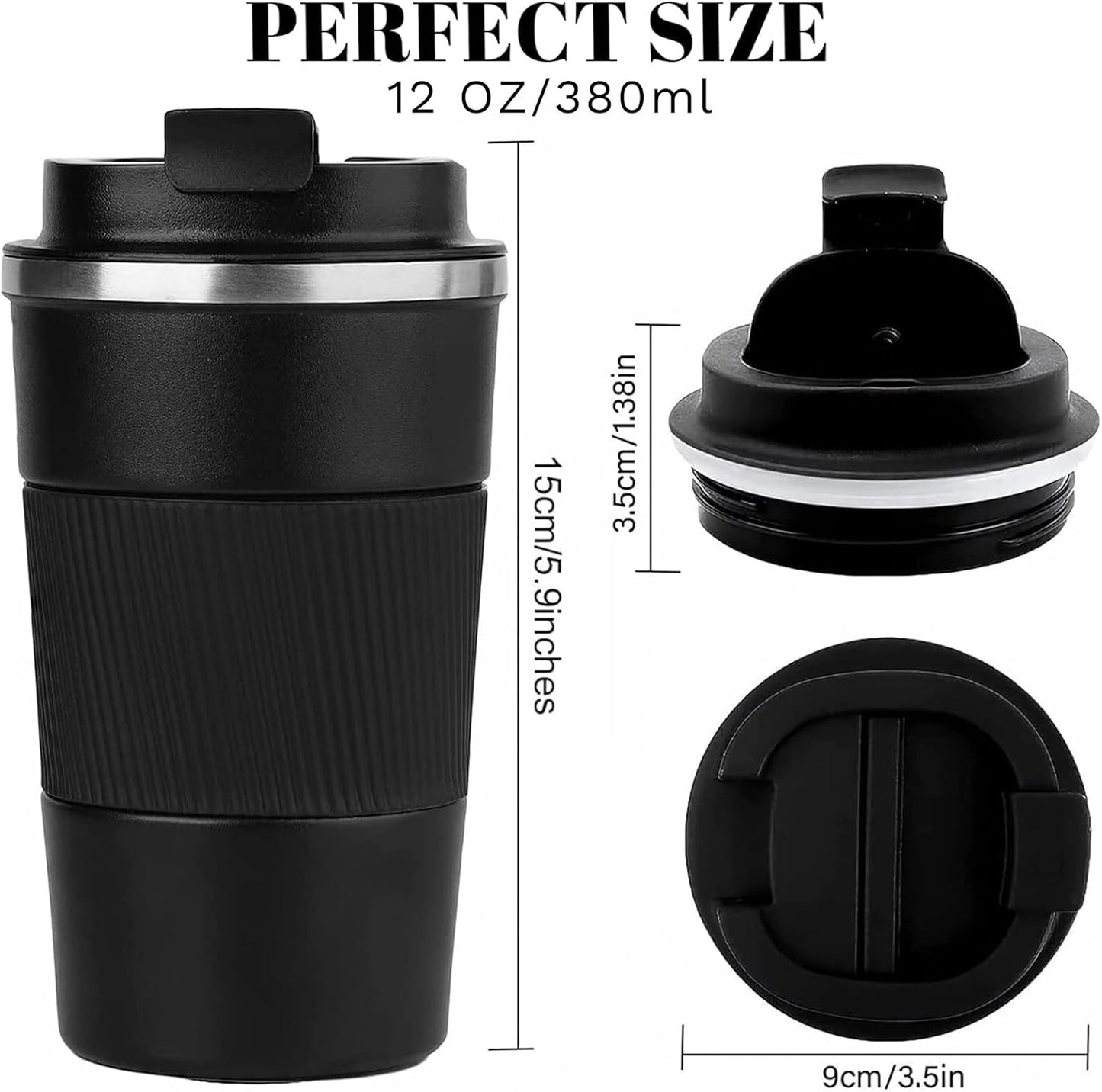 Insulated Travel Coffee Mug, Spill & Leak Proof, Portable to Go Camping Stainless Steel Coffee Tumbler, Reusable Thermal Coffee Cup with Lid for Hot & Cold Drinks (Black, 12 OZ)