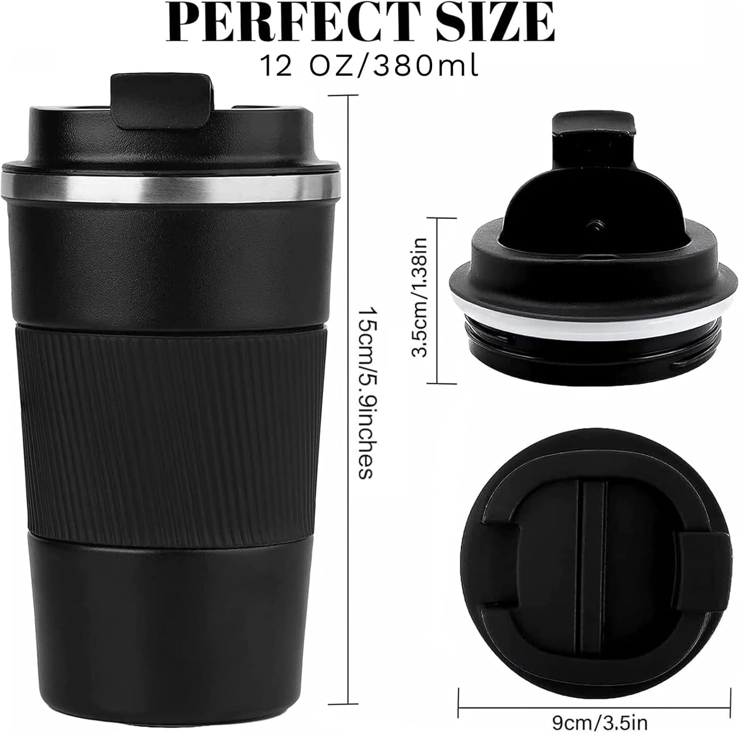 Insulated Travel Coffee Mug, Spill & Leak Proof, Portable to Go Camping Stainless Steel Coffee Tumbler, Reusable Thermal Coffee Cup with Lid for Hot & Cold Drinks (Black, 12 OZ)