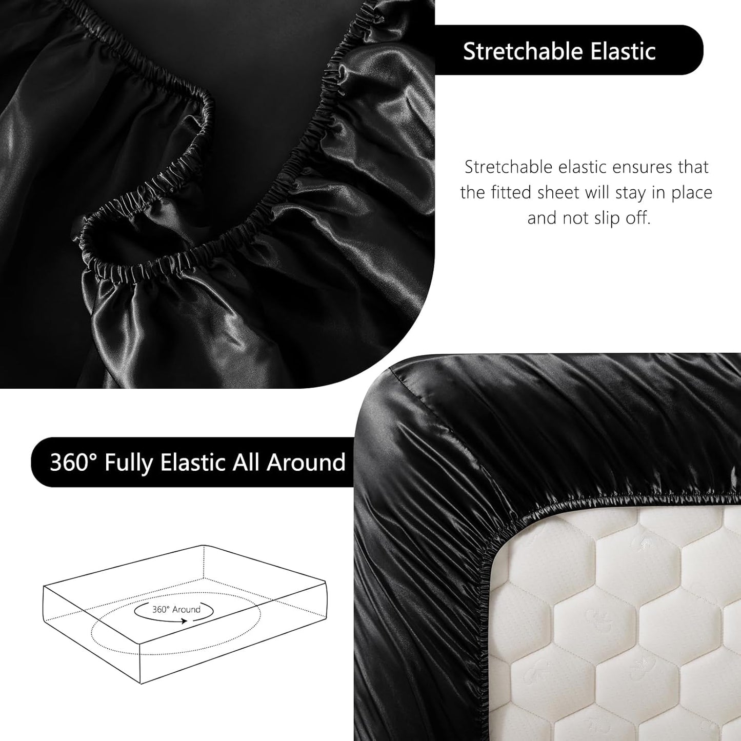 Satin Fitted Sheet Queen Size, Black Silky Satin Bed Fitted Sheet Only with Microfiber, Deep Pocket, Single Bottom Sheet Sold Separately, Breathable, Smooth and Soft