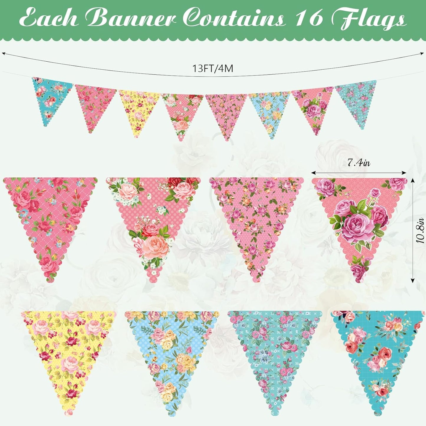 98-Piece Floral Tea Party Decoration Set: 26 Ft Bunting, 6.5 Oz Disposable Coffee Cups with Handles and Saucers, Ideal for Weddings and Birthdays (Classic)