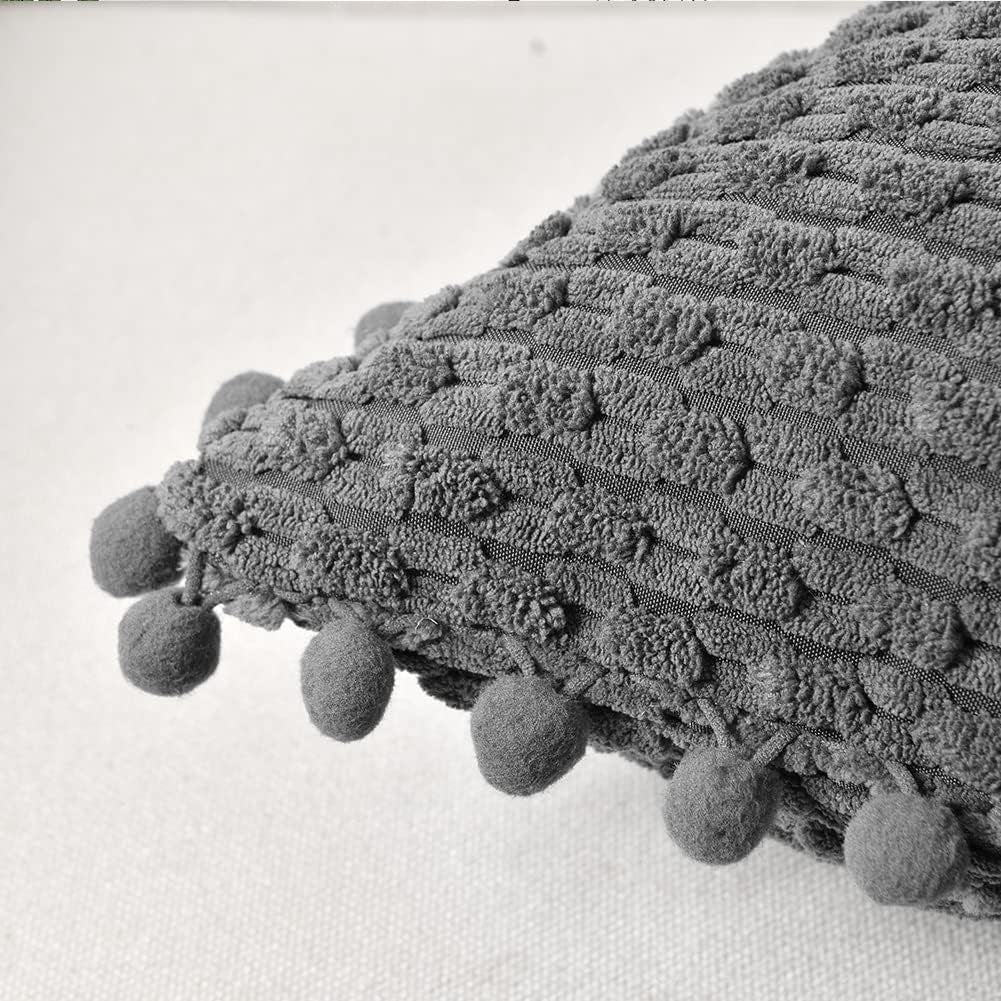 Set of 2 Dark Gray Decorative Throw Pillow Covers 18X18 Inch with Pom-Poms for Couch Bedroom Living Room, Modern Farmhouse Boho Home Decor, Soft Plush Corduroy Cute Cushion Case 45X45 Cm