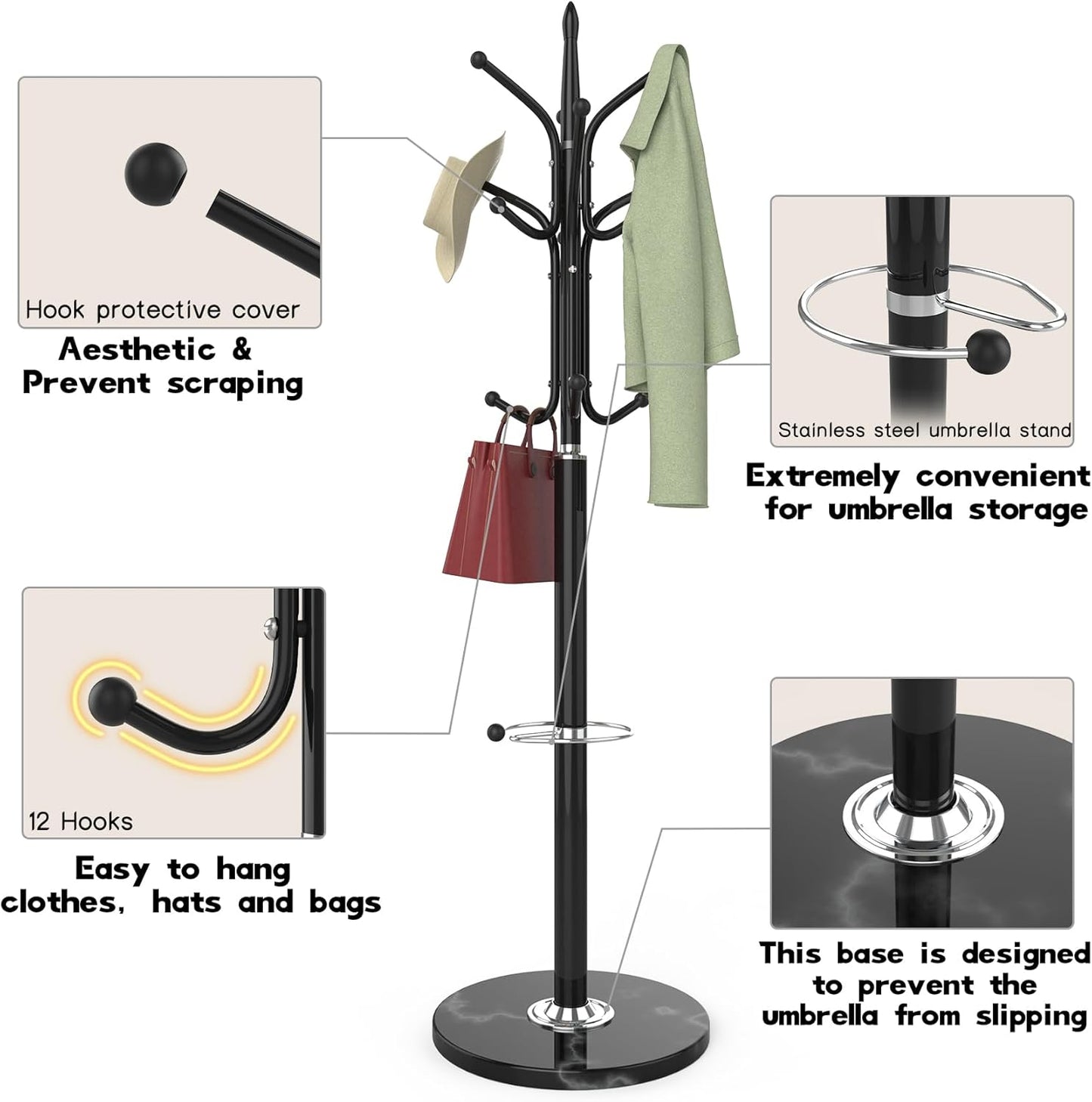 Metal Coat Rack Freestanding, Coat Hanger Stand with Natural Marble Base, Standing Coat Rack with Umbrella Holder, Hall Tree with 12 Hooks for Clothes, Hats, Scarves, Entryway(Black)